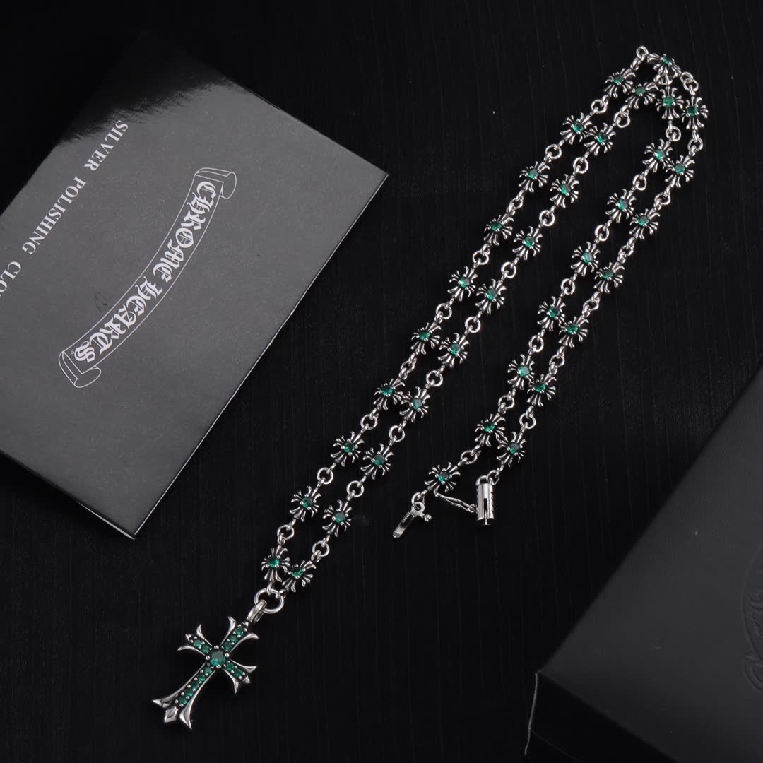 Chrome Hearts Silver Cross Pendant with Emerald Stones